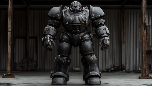 Heavily armored black mech suit stands inside abandoned hangar