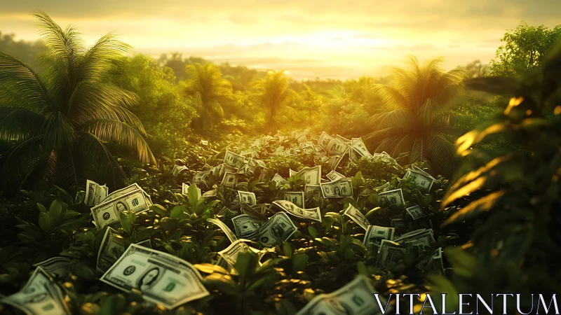 Money-strewn jungle glows under warm golden sunset light.