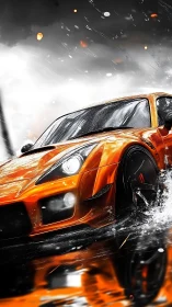Orange sports car powers through wet street storm.