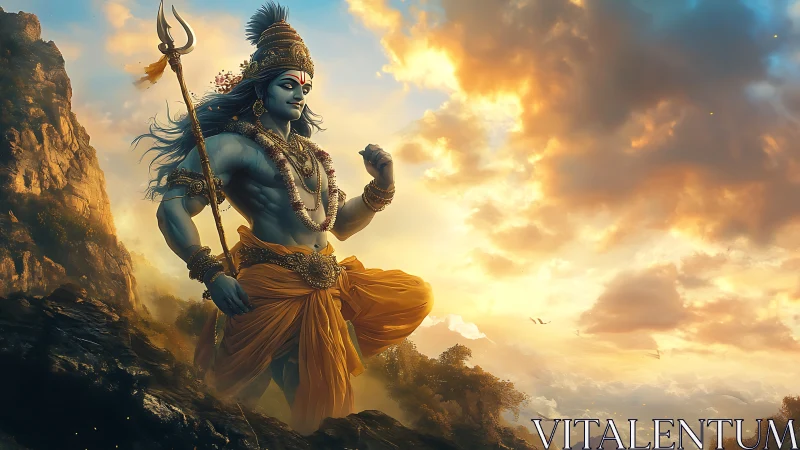 Divine blue warrior strides across a radiant mountain sky.