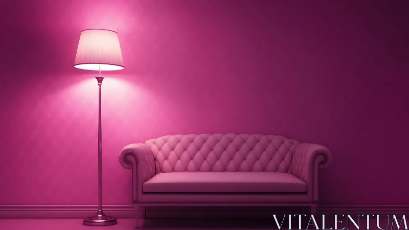 Cozy pink sofa and lamp glowing in a softly lit room.