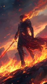 Flame-clad warrior in volcanic landscape with molten sword