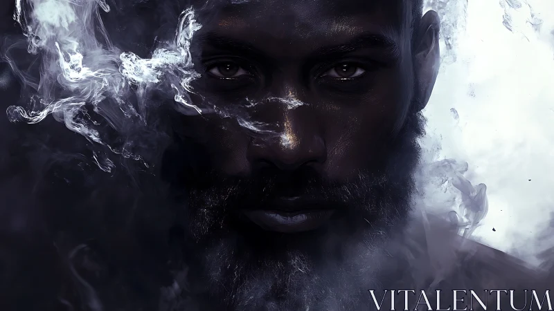 Low-key smoky portrait with intense frontal gaze and mist halos.