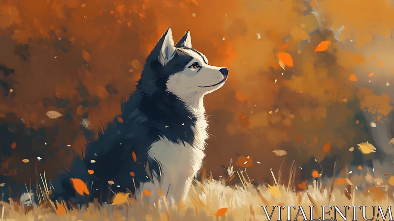 Husky daydreaming quietly in swirling autumn leaves.