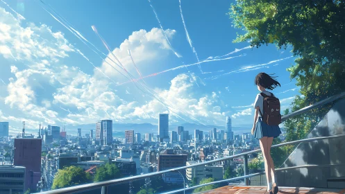 Wind-swept student observes contrail-laced skyline from overlook