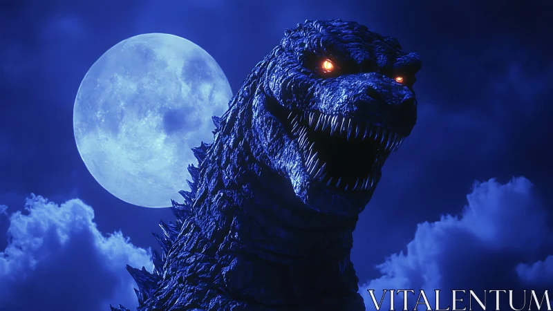 Moonlit kaiju roar under a thunderblue monster midnight sky.