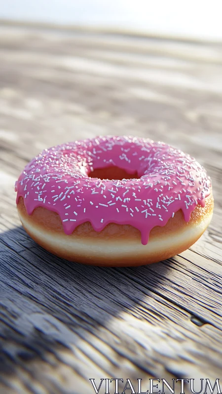 Pink glazed donut with sprinkles on weathered wooden surface.