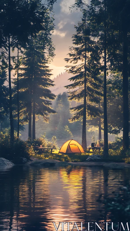 Sunlit forest campsite beside reflective mountain lake.