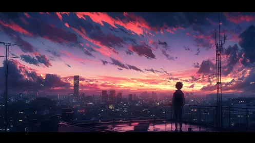 Rooftop anime cityscape at dusk with panoramic sunset sky.