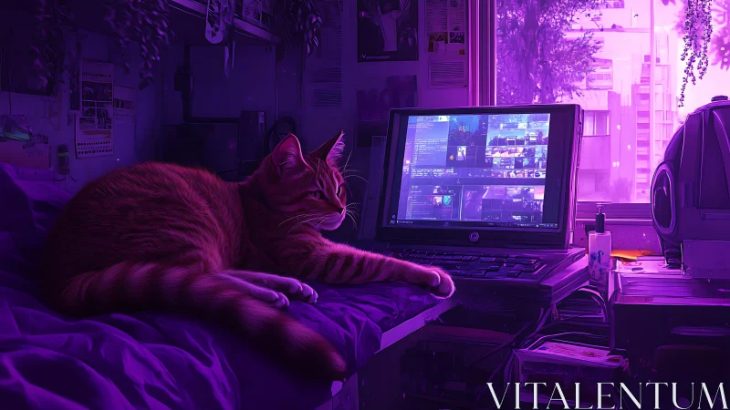 Cat rests on glowing laptop in purple lit bedroom