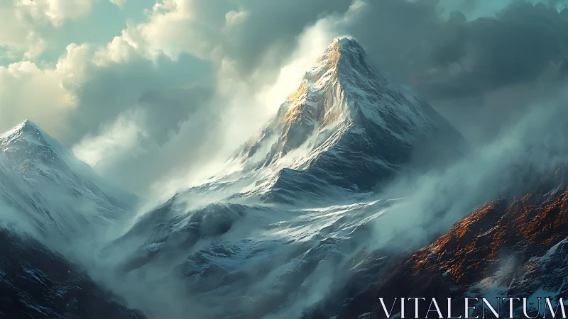 Snow covered mountain peak rising through dense clouds.