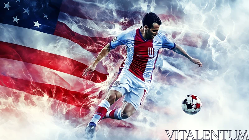Electric soccer kick in swirling red, white, and blue storm.