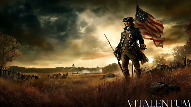 Revolutionary era soldier with US flag in stormy field