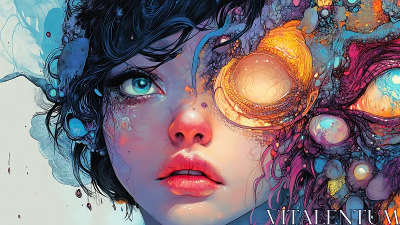 Hybrid human face with abstract organic ocular growths.