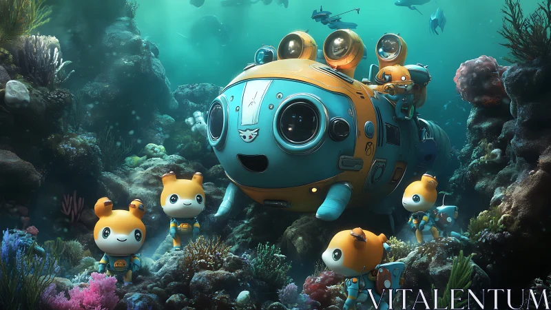 Subsea exploration pod with chibi crew in coral habitat.