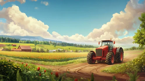 Red tractor roaming sunny flower fields and quiet barns.