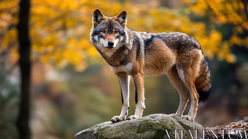 Autumn-lit wolf pauses on stone throne of the quiet forest