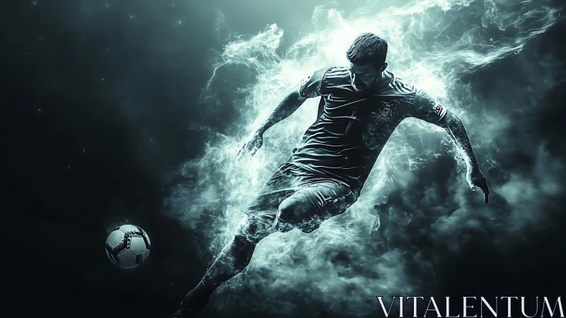 Digital soccer player figure in motion within smoky field.