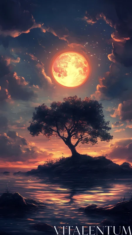 Lone island tree beneath a radiant crimson moonrise.