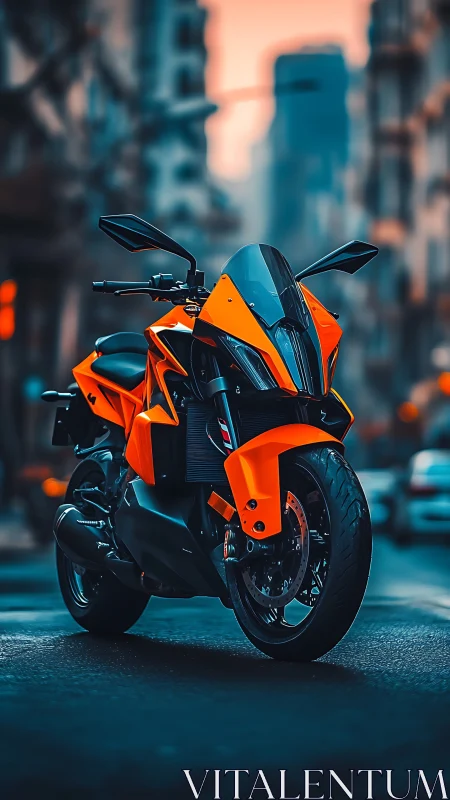 Neon street predator: orange superbike in urban dusk glow.