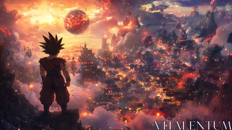 Saiyan warrior overlooks burning cyber-fantasy metropolis.