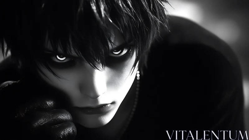 Monochrome anime antihero portrait with intense luminous eyes.