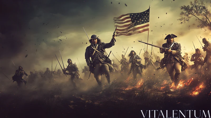 Digital painting of Revolutionary War charge with flag drama.