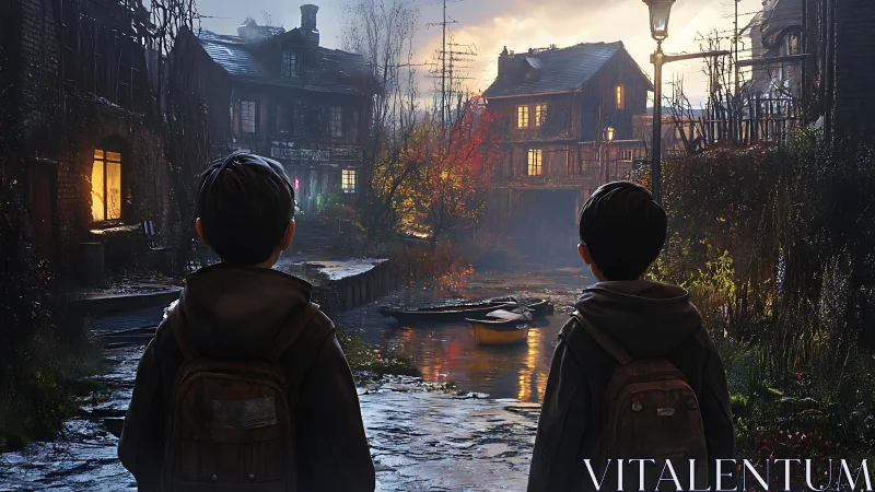 Two boys confront a flooded twilight village street.