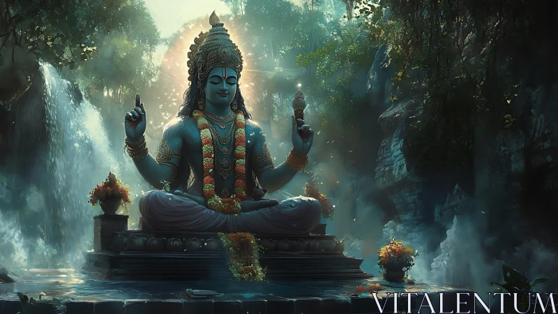 Forest deity in luminous meditation beside misty waterfalls.