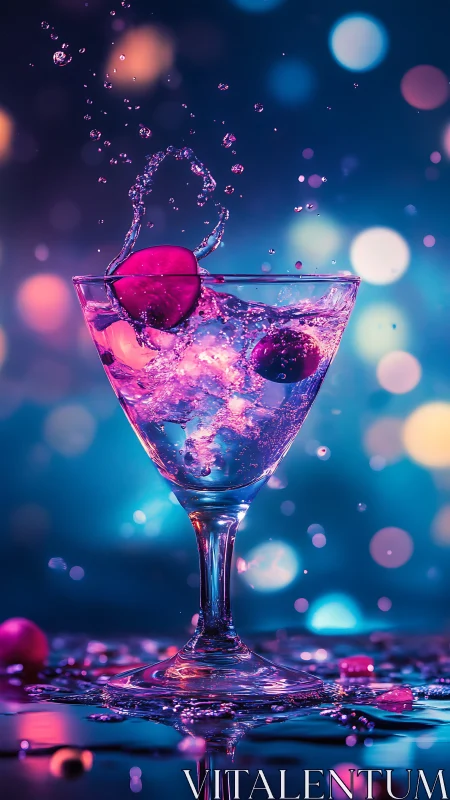 Cocktail Glass with Liquid Splash and Floating Spheres Against Blue Background