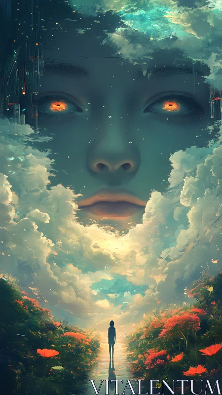 Giant glowing-eyed face in clouds over lone figure below