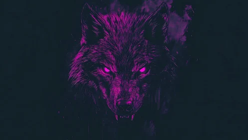 Neon magenta wolf head illustration on dark background.