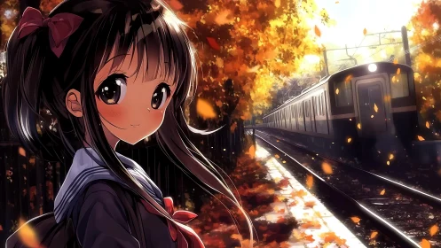 Autumn railway platform scene with smiling anime schoolgirl.