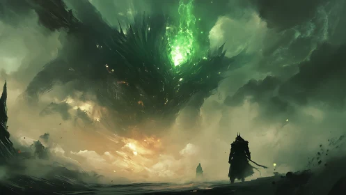 Emerald storm dragon looms above wandering shadowed heroes.