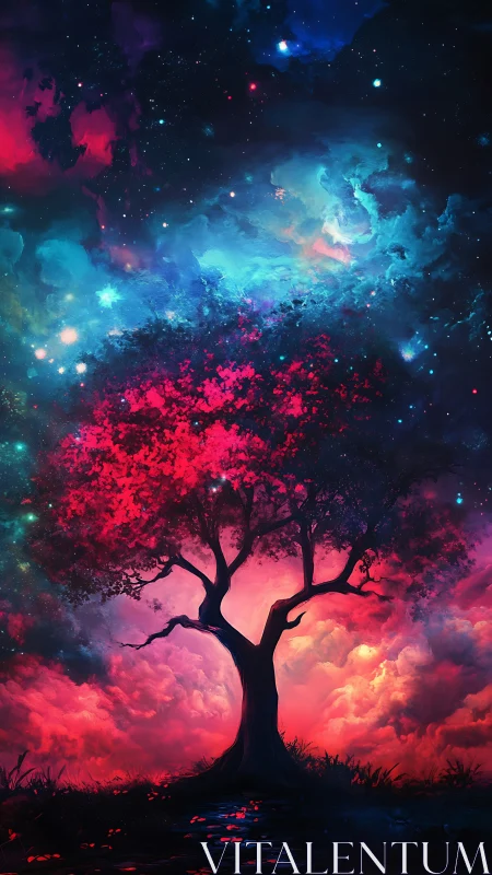 Cosmic nebula sky framing radiant magenta dreamtree silhouette.