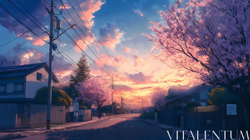 Sakura-lined suburban street under glowing sunset sky.