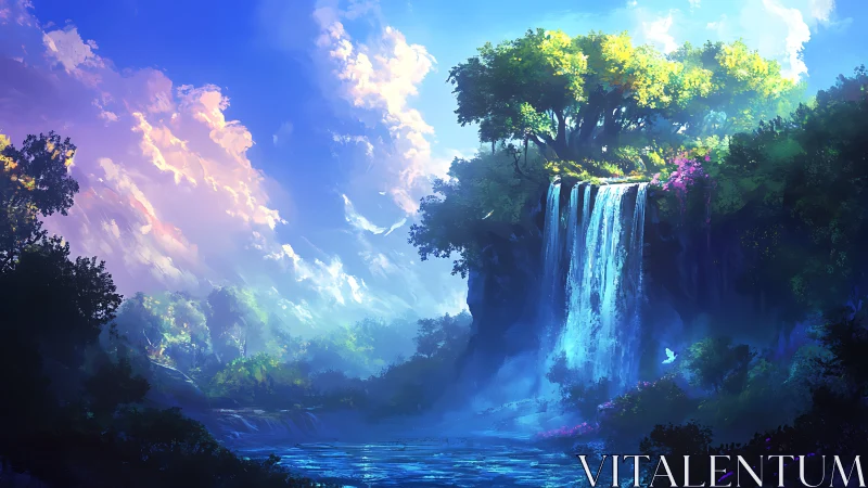 Sky-kissed cliff garden spilling a luminous sapphire waterfall.