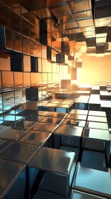 Geometric metallic cubes in reflective abstract corridor.