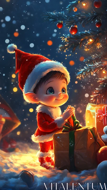 Tiny Santa helper unveiling glowing Christmas gifts at night.