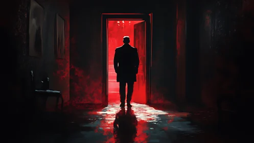 Lone figure in red lit doorway within dark corridor.