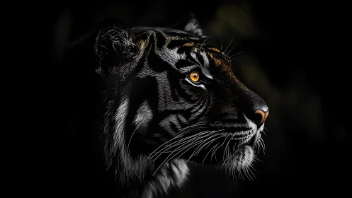 Golden-eyed tiger gazes into darkness with quiet strength