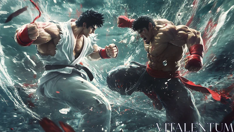 Martial artists engaged in dynamic close combat exchange.