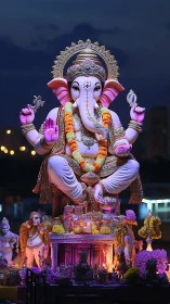 Illuminated Ganesh idol with floral garlands at dusk festival