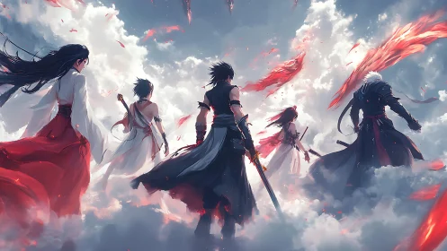 Warriors ascending through burning clouds toward battle.