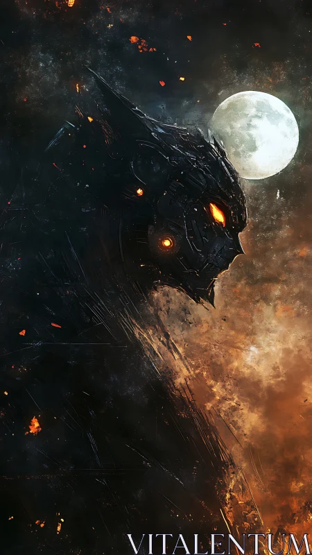 Mechanical wolf silhouette under full moon in dark sky.