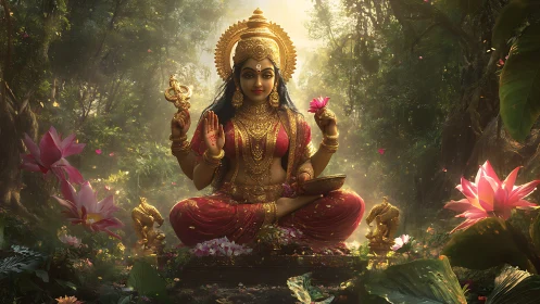 Golden goddess sits in lush forest clearing amid lotus bloom