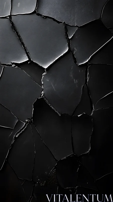 Cracked dark surface shows irregular fractured plate segments