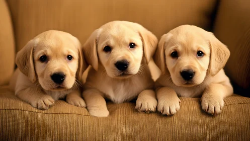 Three light-colored labrador puppies aligned on sofa surface.