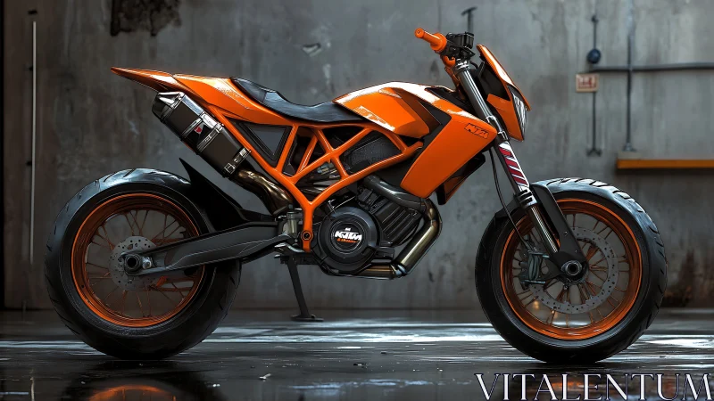 High-detail orange supermoto motorcycle with exposed trellis frame