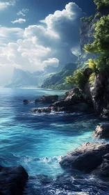 Tropical Coastal Sanctuary: Vertical Cliff Seascape with Luminous Sky.